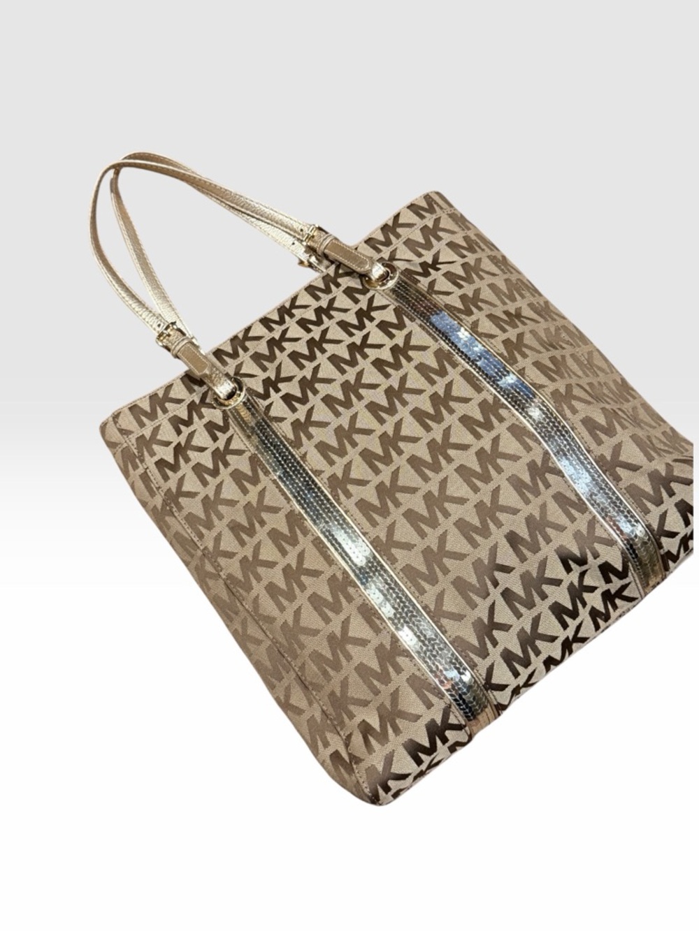 Michael Kors Monogram Sequin Stripe Tote Bag - Gold/Tan - Picture 4 of 15